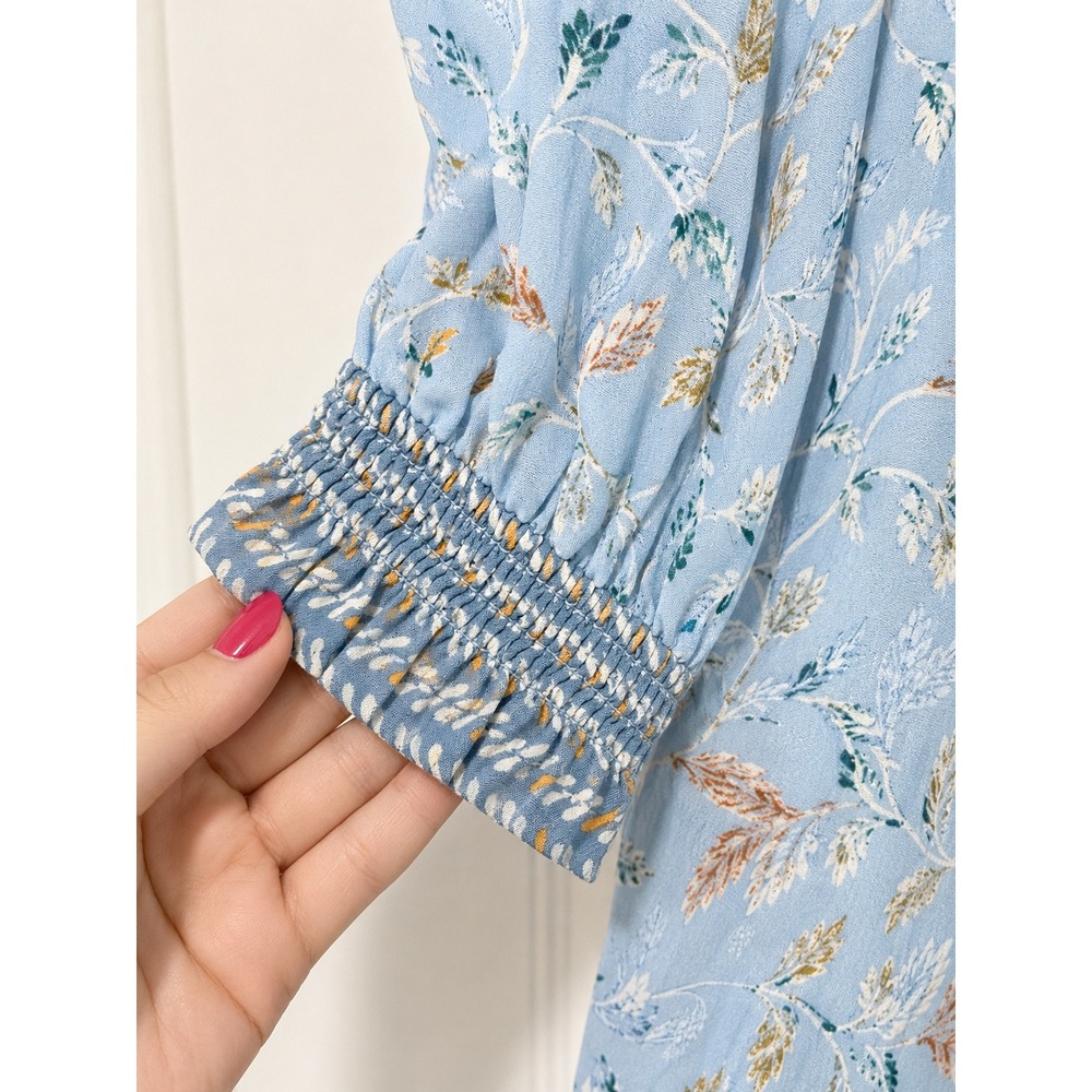 Democracy Blue Floral Pintuck Button Front Rayon Blouse Smocked Sleeve Small P - Picture 3 of 6